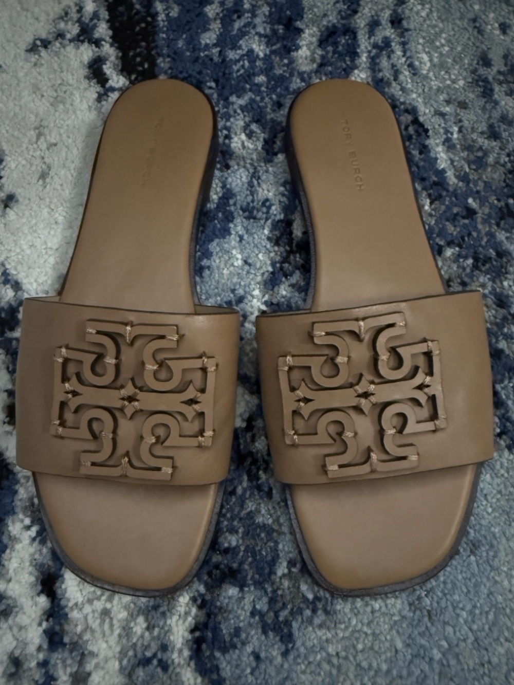 Tory Burch Tan Leather Cutout Logo Slide Sandals